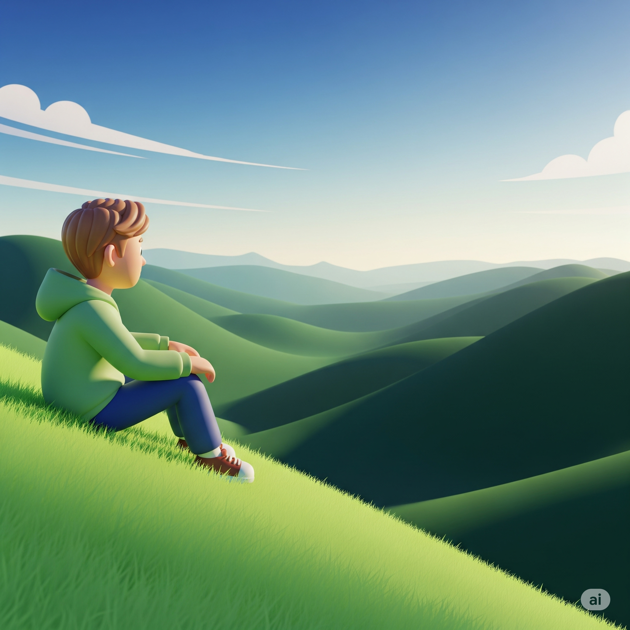 A man sitting on a hill contemplating.